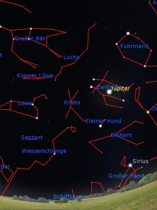  Orion, Sirius & Co. auf dem Rückzug – dafür lauern im Südosten schon die Frühlingssternbilder: Der Himmel morgen gegen 23 Uhr, am 15. März gegen 22 Uhr und am Monatsletzten gegen 22 Uhr MESZ.