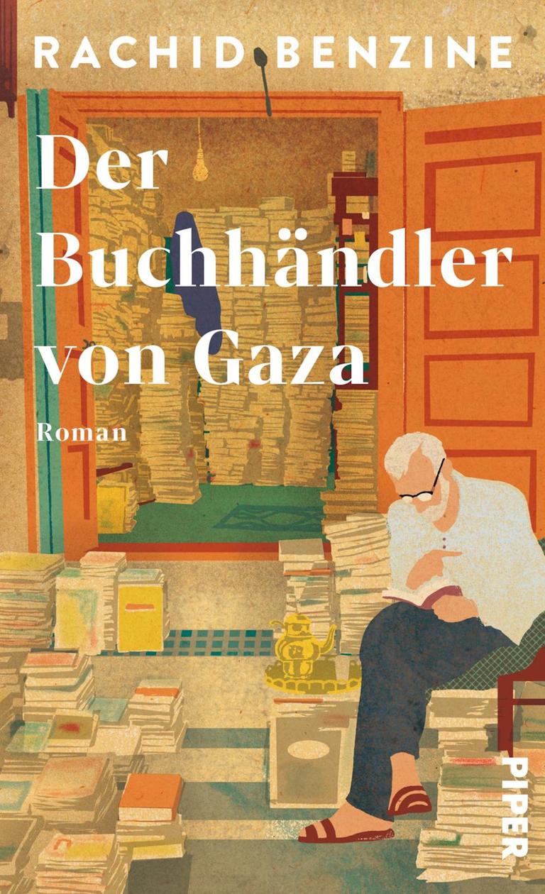 Buchcover von "Der Buchhändler von Gaza", ein alter Mann sitzt zwischen vielen Büchern (gezeichnet), Buchcover von "Der Buchhändler von Gaza", ein alter Mann sitzt zwischen vielen Büchern (gezeichnet),