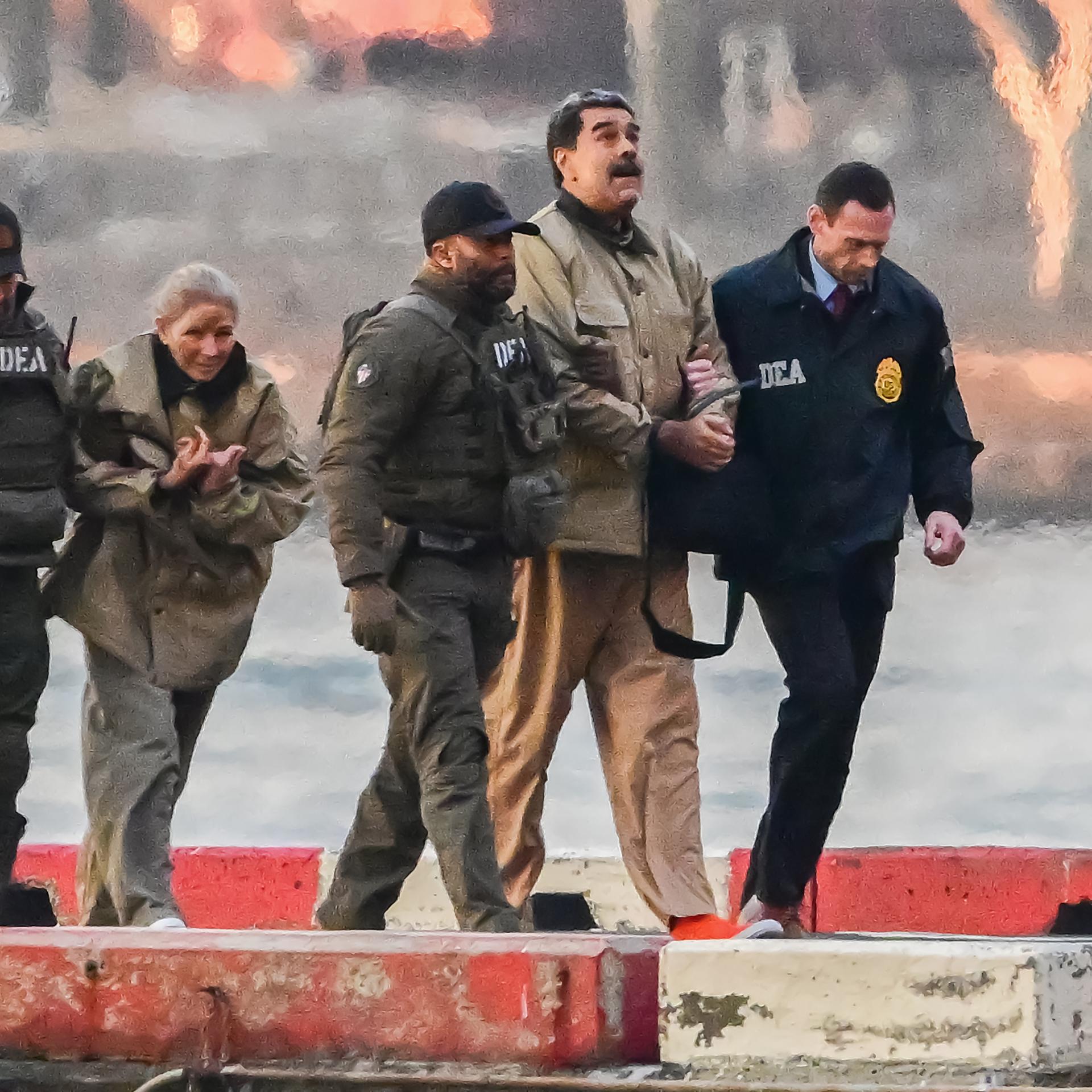 Umgeben von schwer bewaffneten Sicherheitskräften treffen der gefangen genommene venezolanische Präsident Nicolas Maduro (2.v.r) und seine Frau Cilia Flores (2.v.l) am Wall Street Heliport im New Yorker Stadtbezirk Manhattan ein.