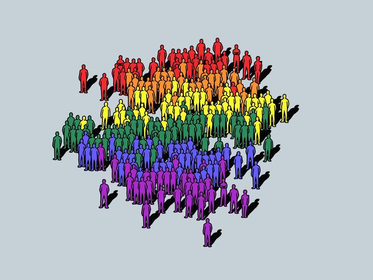 Illustration: Eine regenbogenfarbene Menschenmenge auf neutralem Hintergrund.