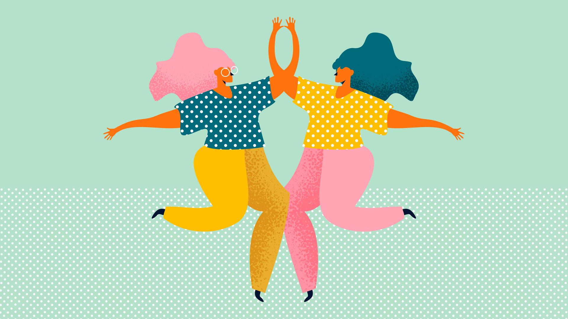 Illustration von zwei Frauen, die gemeinsam tanzen.