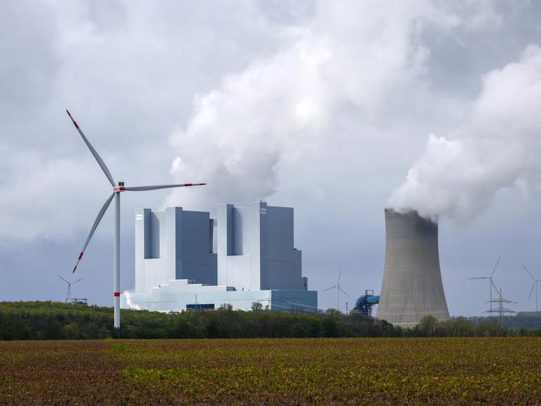 Hinter einer grünen Wiese steht das RWE-Kraftwerk in Grevenbroich mit Kühltürmen aus denen Rauch in den Himmel steigt. Davor und dahinter stehen Windräder.