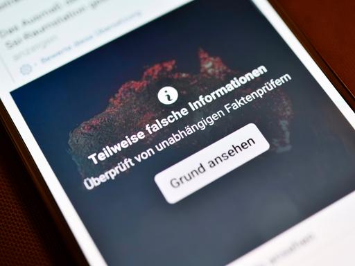 Smartphone mit aufgedeckter Falschinformation in einem sozialen Netzwerk