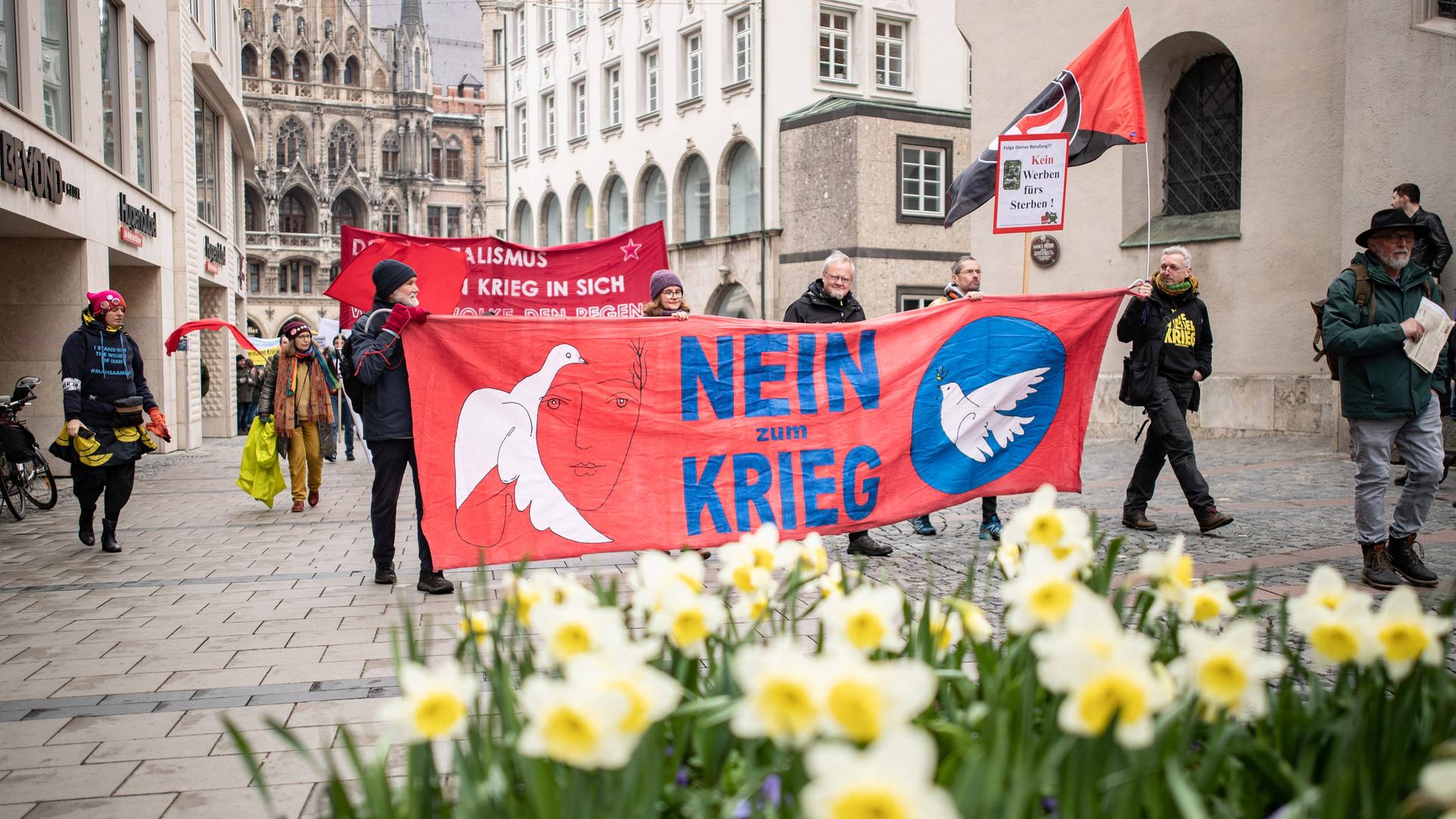 Einige Demonstranten tragen ein rotes Banner mit der Aufschrift "Nein zum Krieg" beim Ostermarsch durch die Münchner Innenstadt. Im Vordergrund blühen Osterglocken. 