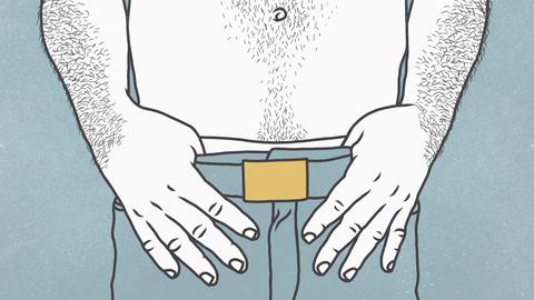 Illustration eines Mannes ohne Hemd mit Haaren auf Bauch und Armen vor grünlichem Hintergrund. Illustration eines Mannes ohne Hemd mit Haaren auf Bauch und Armen vor grünlichem Hintergrund.
