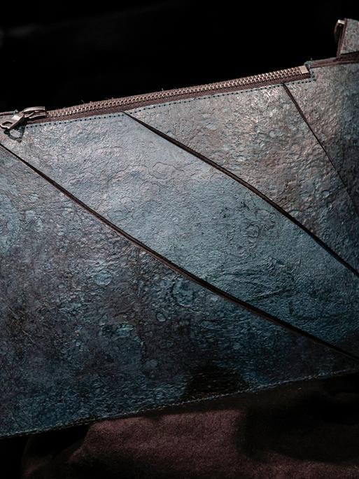 Das Auktionshaus Hotel Drouot in Paris stellte die erste Tasche aus "T-Rex-Leder" vor ihrer Versteigerung aus.
      