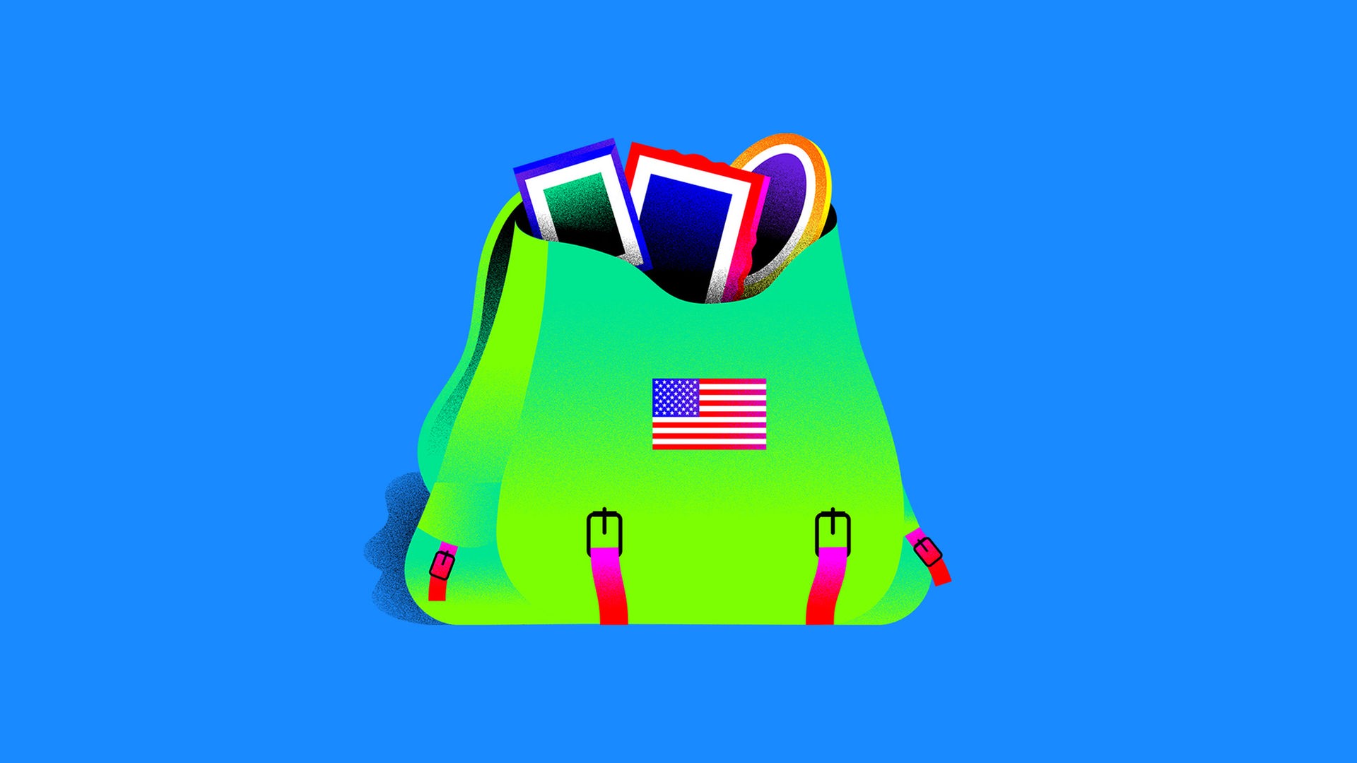 Grafik von einem geöffneten grünen Militärrucksack, mit einer Applikation der USA Flagge. Aus dem Rucksack schauen verschiedene gerahmte Bilder heraus. 