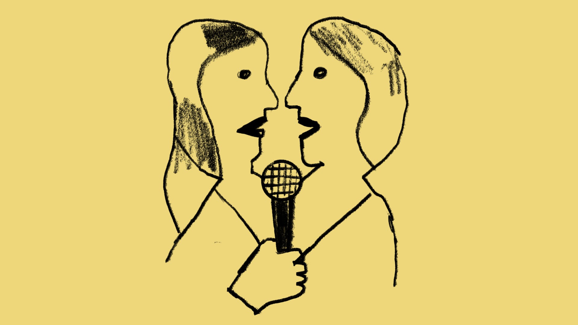 Zwei einander gegenüberstehende Frauen im Profil mit dem Mikrofon in der Mitte. Zwei einander gegenüberstehende Frauen im Profil mit dem Mikrofon in der Mitte.