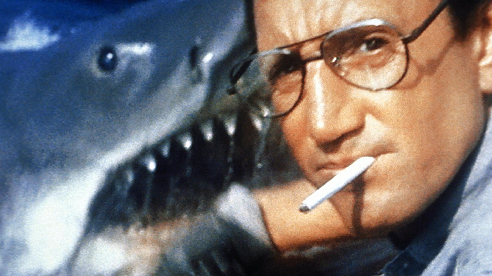 Auf dem Bild ist der Schauspieler Roy Scheider zu sehen, der im Film "Der weiße Hai" den Polizeichef Martin Brody spielt, dahinter der titelgebende Hai. Der Film von Steven Spielberg kam am 20. Juni 1975 in die US-Kinos