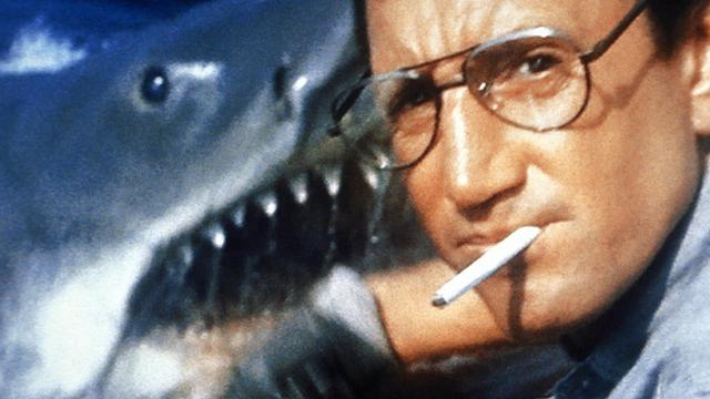 Auf dem Bild ist der Schauspieler Roy Scheider zu sehen, der im Film "Der weiße Hai" den Polizeichef Martin Brody spielt, dahinter der titelgebende Hai. Der Film von Steven Spielberg kam am 20. Juni 1975 in die US-Kinos