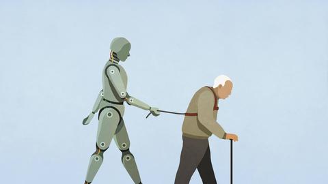 Die Illustration zeigt einen Roboter, der einen Rentner mit Gehstock spazieren führt. 