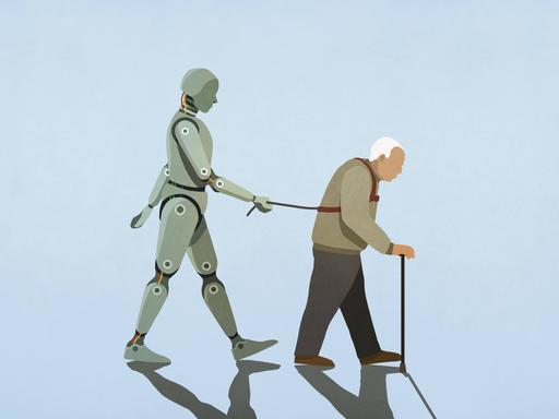 Die Illustration zeigt einen Roboter, der einen Rentner mit Gehstock spazieren führt. 