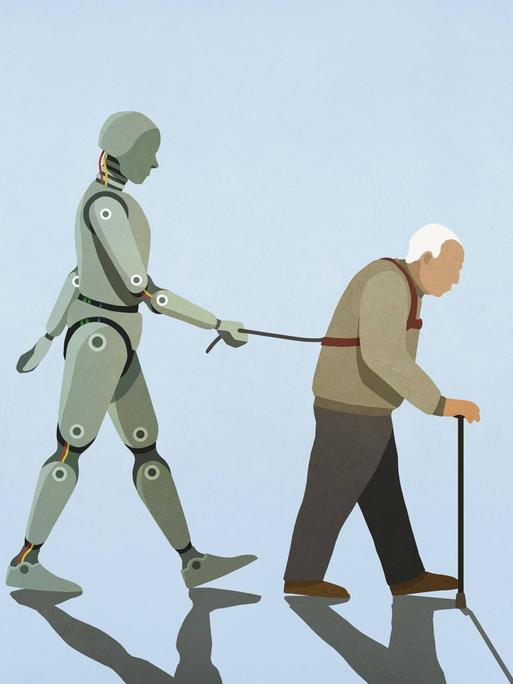 Die Illustration zeigt einen Roboter, der einen Rentner mit Gehstock spazieren führt. 