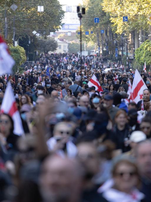 Tausende Menschen demonstrieren auf einer Straße in Tiflis