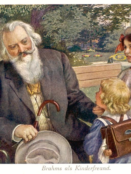 Wir sehen ein Bild des Komponisten Johannes Brahms mit zwei Kinder. Am unteren Rand des Bildes steht: "Brahms der Kinderfreund".