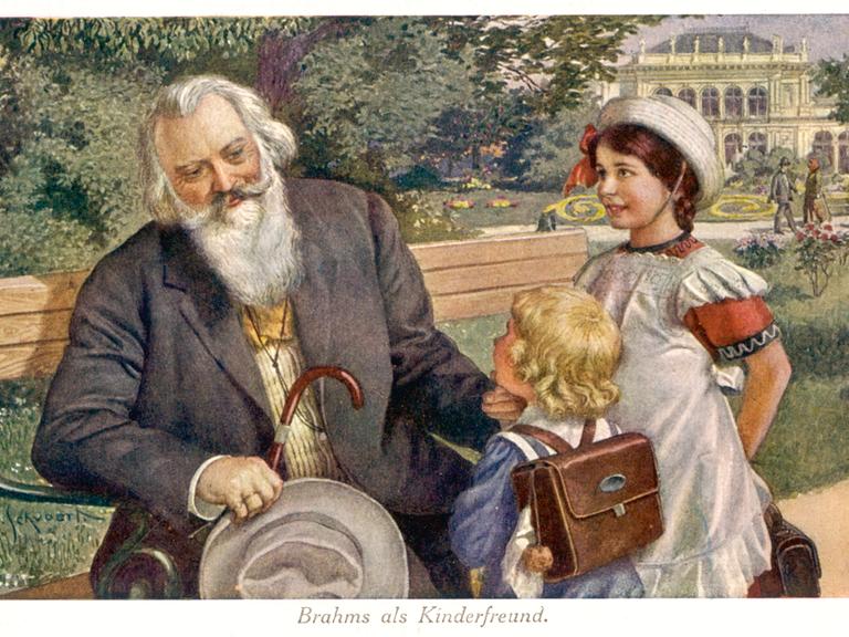 Wir sehen ein Bild des Komponisten Johannes Brahms mit zwei Kinder. Am unteren Rand des Bildes steht: "Brahms der Kinderfreund".