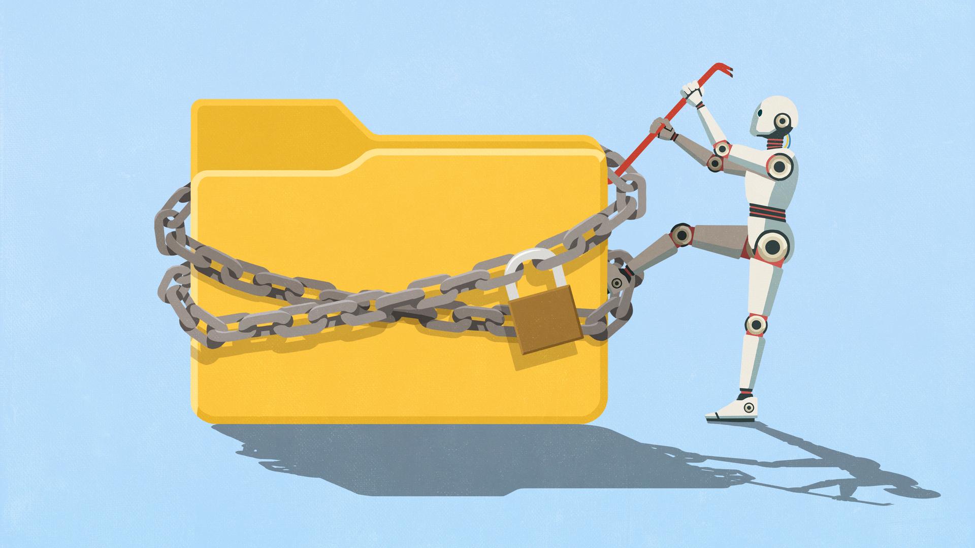 Illustration: Humanoider Roboter als KI, der mit einer Brechstange versucht, einen mit einem Vorhängeschloss gesicherten digitalen Ordner zu öffnen Illustration: Humanoider Roboter als KI, der mit einer Brechstange versucht, einen mit einem Vorhängeschloss gesicherten digitalen Ordner zu öffnen