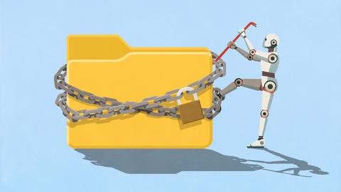 Illustration: Humanoider Roboter als KI, der mit einer Brechstange versucht, einen mit einem Vorhängeschloss gesicherten digitalen Ordner zu öffnen