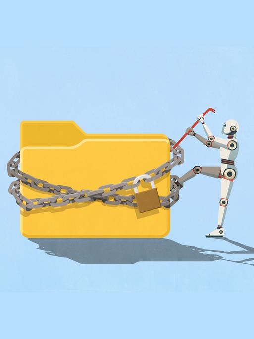 Illustration: Humanoider Roboter als KI, der mit einer Brechstange versucht, einen mit einem Vorhängeschloss gesicherten digitalen Ordner zu öffnen