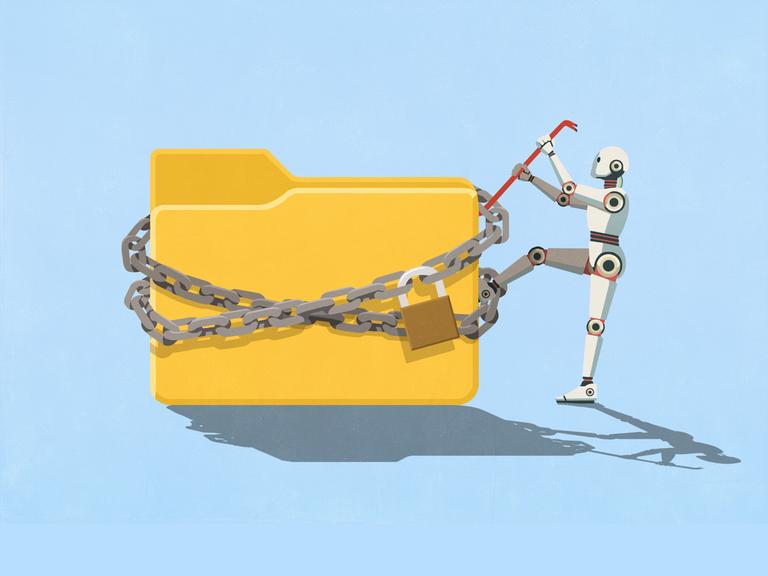 Illustration: Humanoider Roboter als KI, der mit einer Brechstange versucht, einen mit einem Vorhängeschloss gesicherten digitalen Ordner zu öffnen