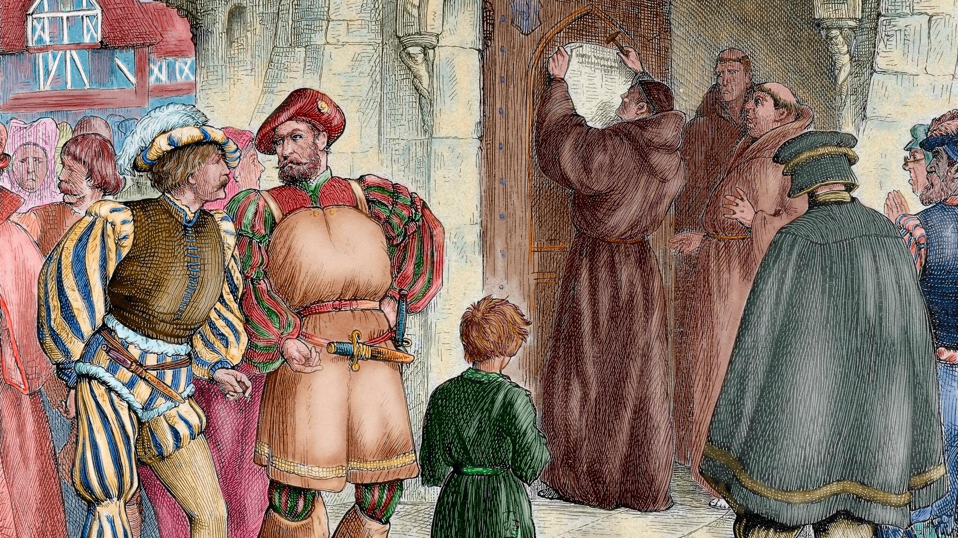 Martin Luther (1483-1546) nagelt seine 95 Thesen an die Tür in Wittenberg.