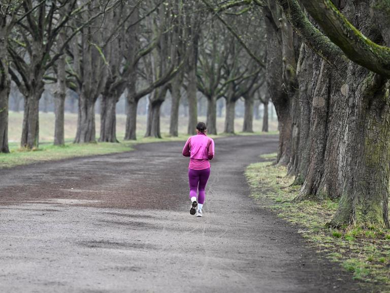 Eine Joggerin nutzt die Morgenstunden zu einem Lauf am Decksteiner Weiher durch die Kastanienallee (Köln).