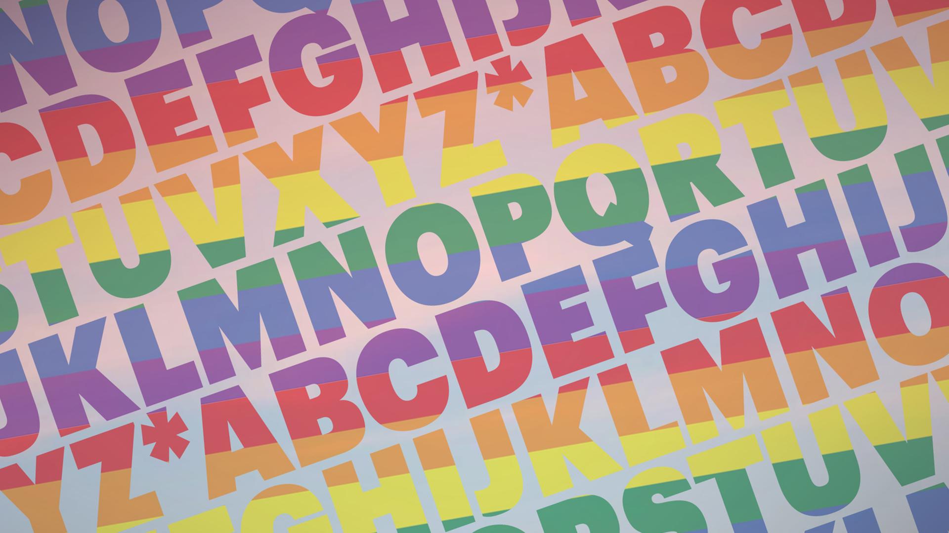 Ein Alphabet in Regenbogenfarben füllt fortlaufend das Bild aus