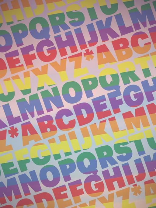 Ein Alphabet in Regenbogenfarben füllt fortlaufend das Bild aus