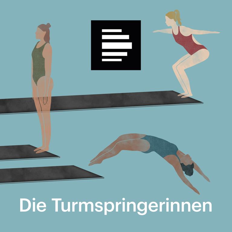 Die Turmspringerinnen: Die Zeichnung zum Podcast zeigt drei Turmspringerinnen auf Sprungbrettern. Eine bereitet sich auf den Sprung vor, eine ist kurz vor dem Absprung, die dritte ist schon in der Luft