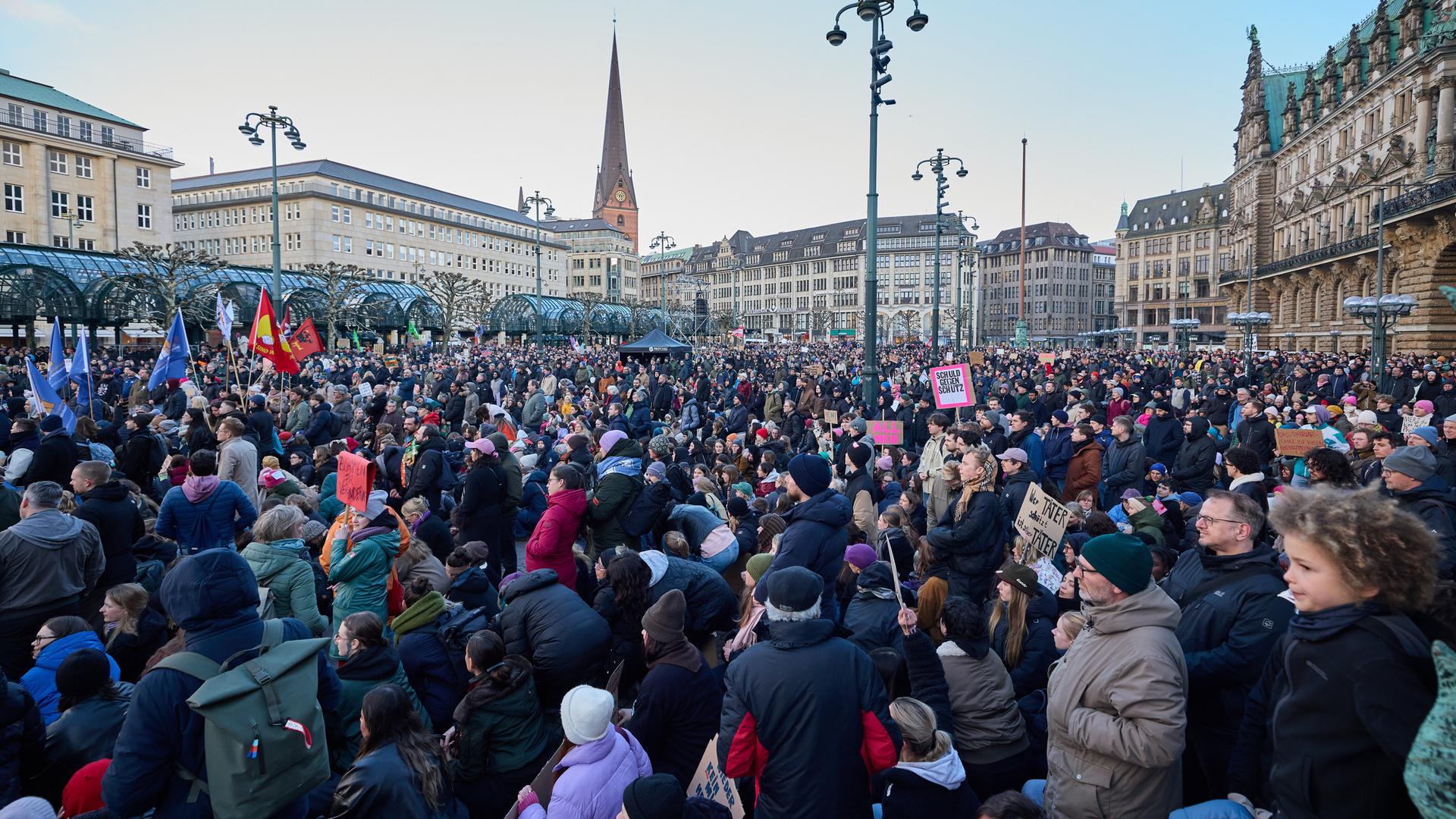 Der von Häusern umrahmte Platz vor dem Rathaus ist voll mit Menschen, die Fahnen Plakate hochhalten.