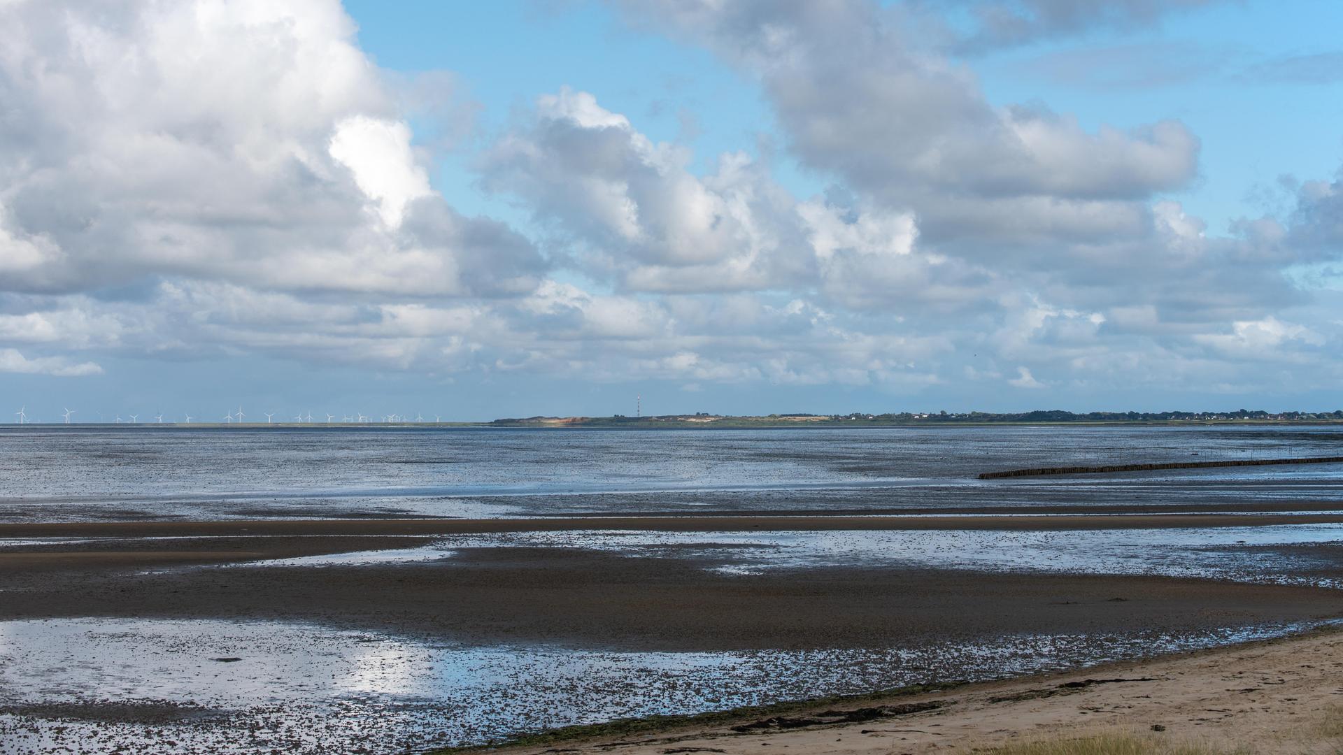 Ein Strand an der Nordseeküste mit einem wolkenreichen weiten Himmel.