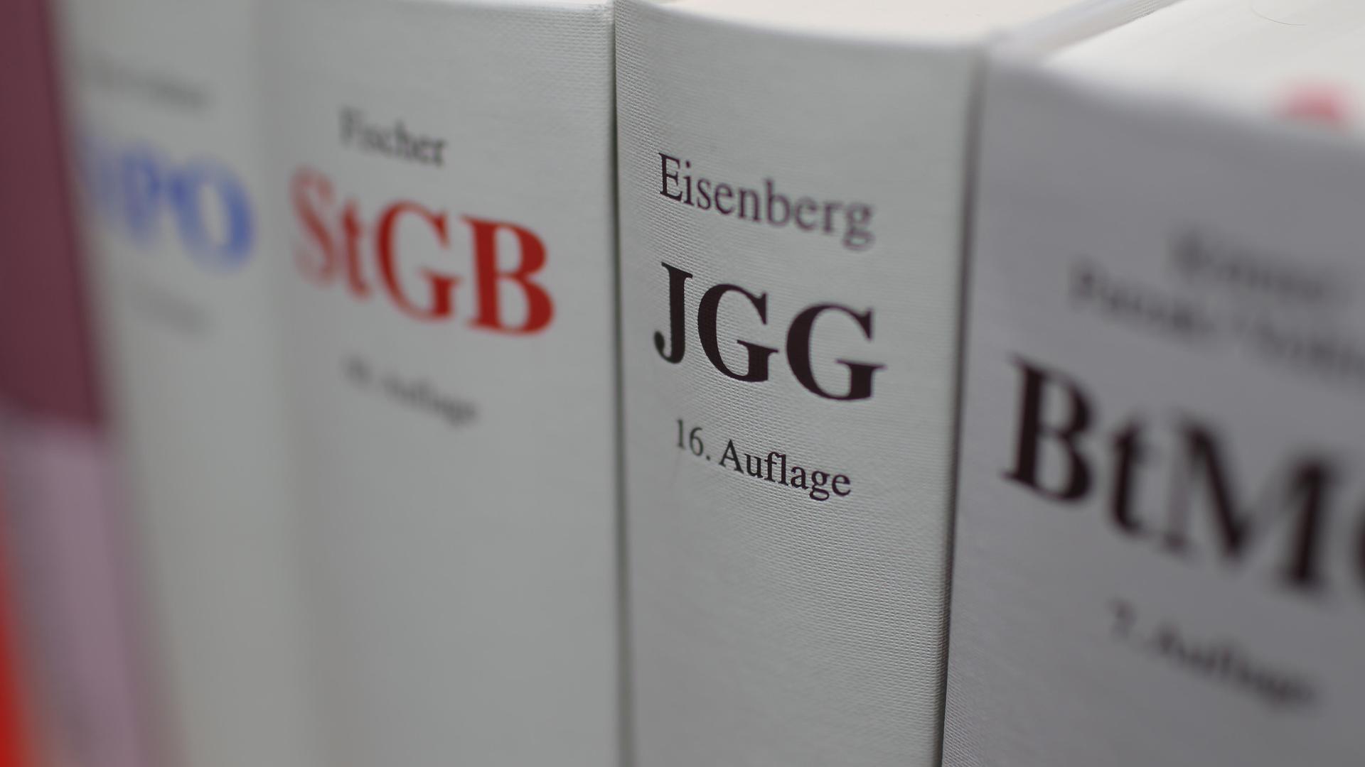 Gesetzesbuecher stehen nebeneinander. Der Fokus liegt auf dem JGG, Jugendgerichtsgesetz.