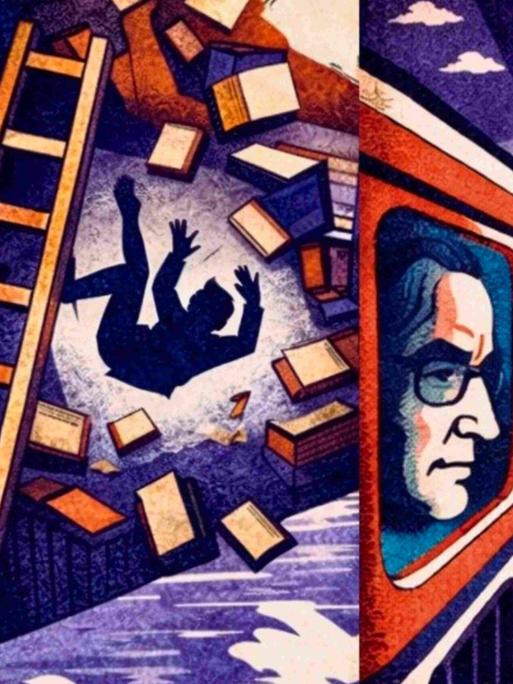 Geteiltes Bild: Ein Weinglas, darin ein Schiff. Ein Mann fällt von der Leiter in einem Bücherregal. Ein Mann schaut aus dem Fenster eines Zuges.