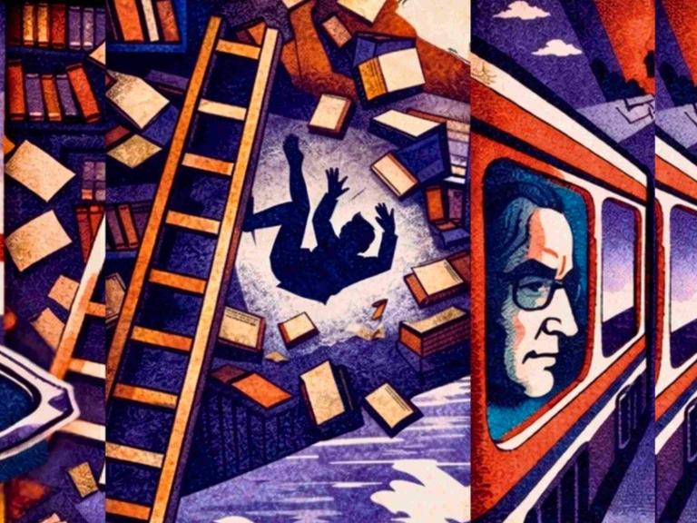 Geteiltes Bild: Ein Weinglas, darin ein Schiff. Ein Mann fällt von der Leiter in einem Bücherregal. Ein Mann schaut aus dem Fenster eines Zuges.