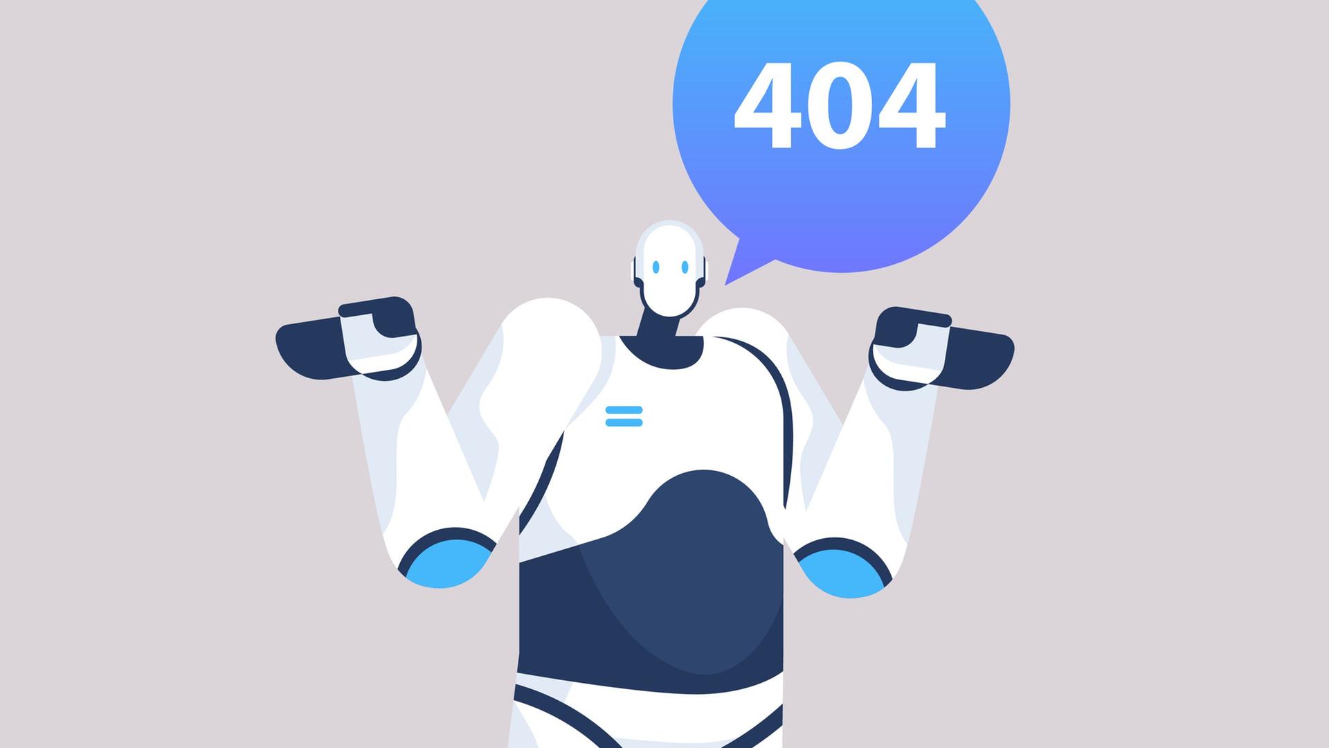 Illustration eines Roboters - in einer Sprechblase ist die Fehlermeldung 404 zu lesen
