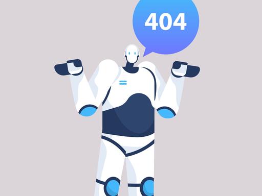 Illustration eines Roboters - in einer Sprechblase ist die Fehlermeldung 404 zu lesen