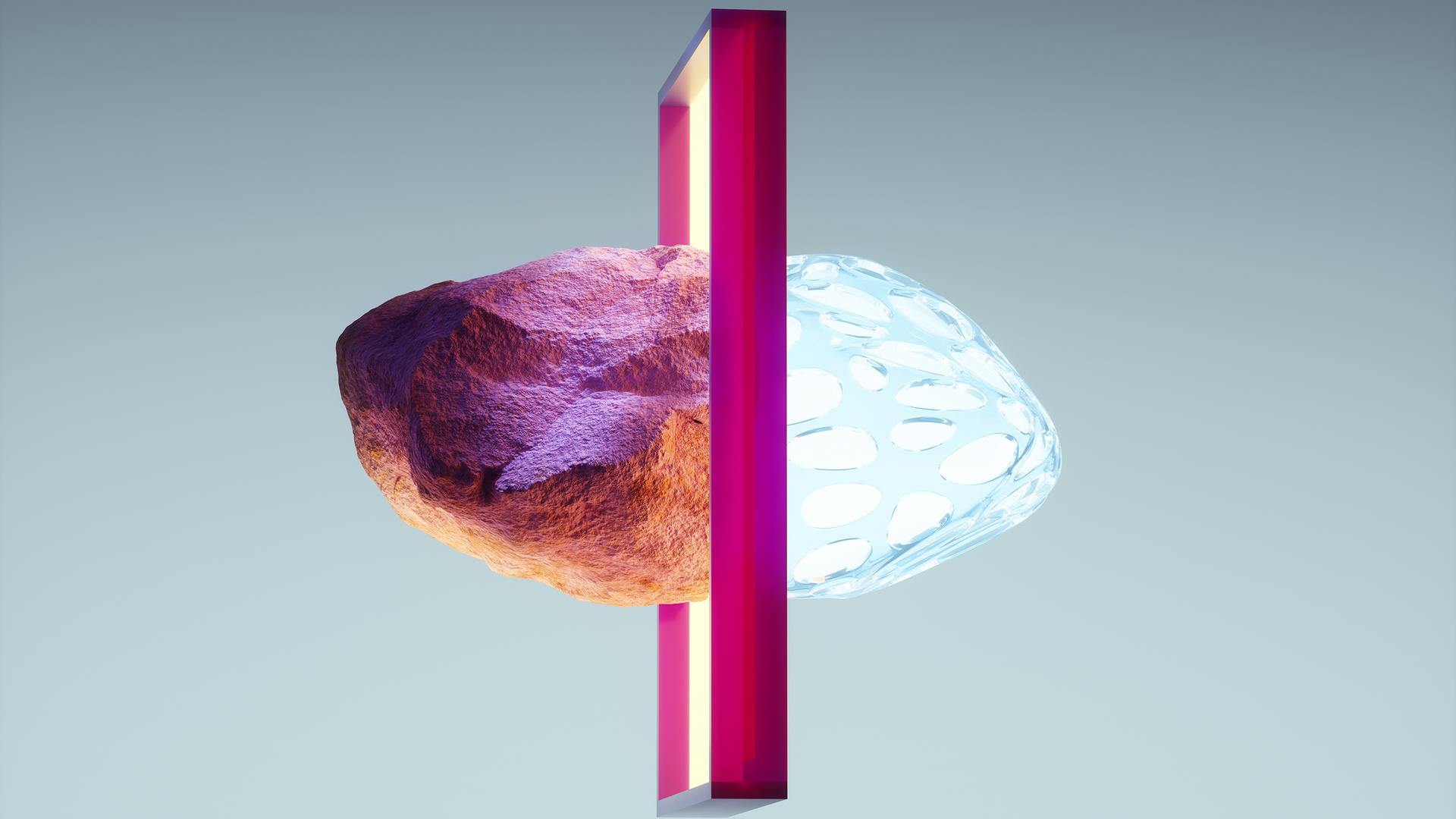 Digital generiertes Bild der Verwandlung von einem Stein in eine leuchtende organische Form bei der Bewegung durch ein Tor-Portal.