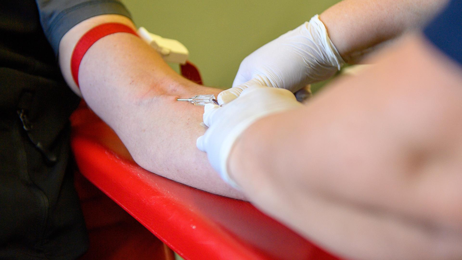 Ein Arm liegt auf einer Lehne. Hände mit Gummihandschuhen stechen eine Kanüle in eine Ader.