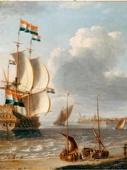 "Ein holländischer Ostindienfahrer vor Hoorn": Undatiertes Ölgemälde des flämischen Malers Lorenzo Castro Das Bild zeigt ein Segelschiff unter holländischer Flagge nahe der Küste. (Quelle: picture allliance)
