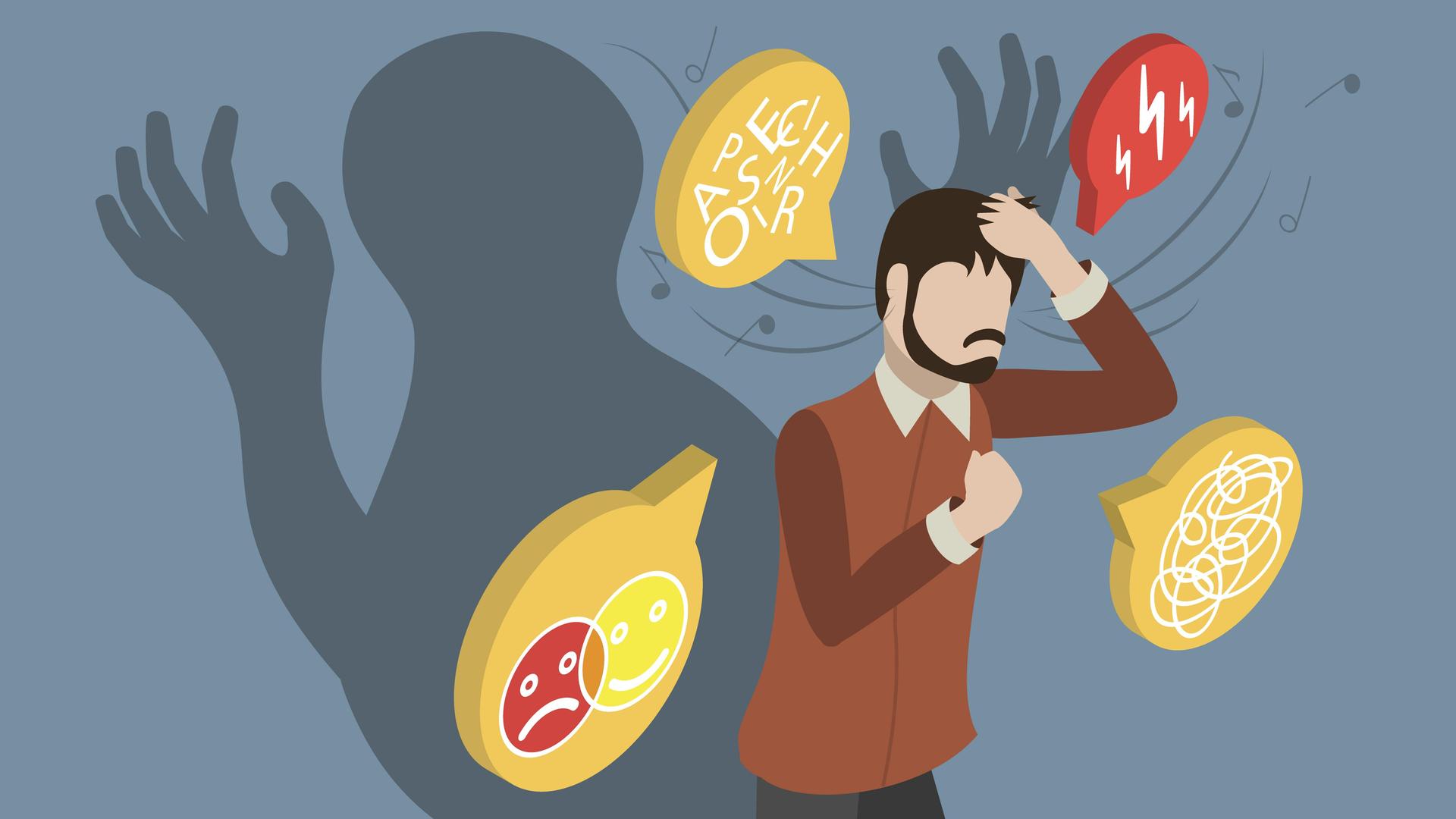 Eine Konzeptillustration von Schizophrenie, Person mit Paranoia und Depression Eine Konzeptillustration von Schizophrenie, Person mit Paranoia und Depression