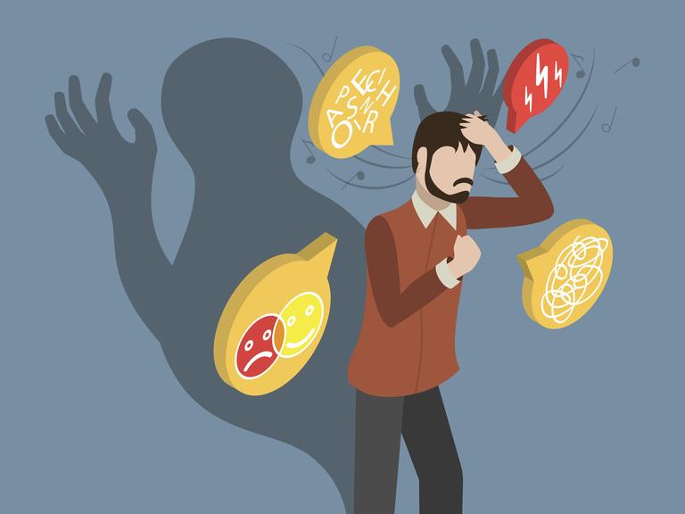 Eine Konzeptillustration von Schizophrenie, Person mit Paranoia und Depression