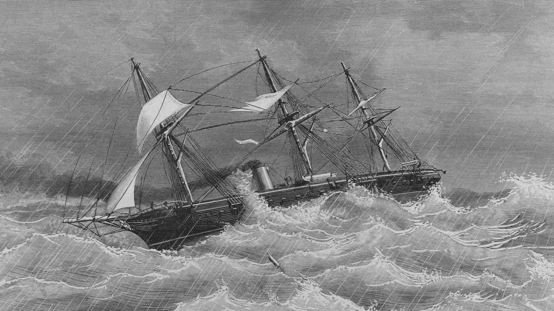 Zeichnung von Cortellini Sánchez: Navas de Tolosa (1866). Segelschiff auf See im Taifun.