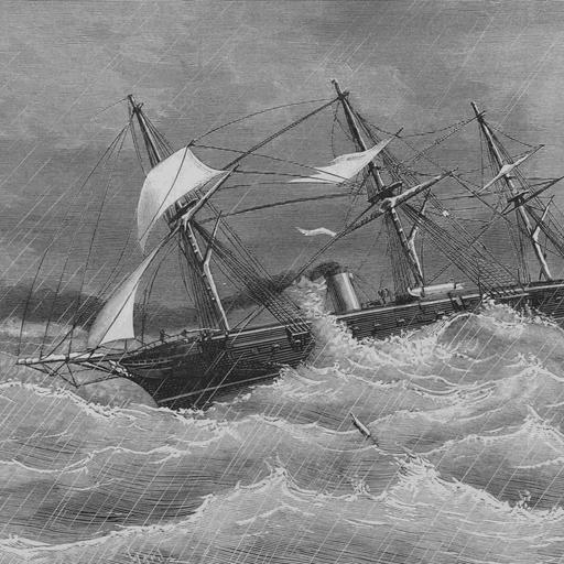 Zeichnung von Cortellini Sánchez: Navas de Tolosa (1866). Segelschiff auf See im Taifun.