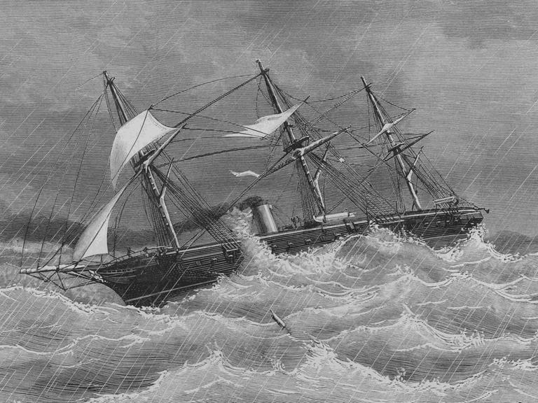 Zeichnung von Cortellini Sánchez: Navas de Tolosa (1866). Segelschiff auf See im Taifun. Zeichnung von Cortellini Sánchez: Navas de Tolosa (1866). Segelschiff auf See im Taifun.
