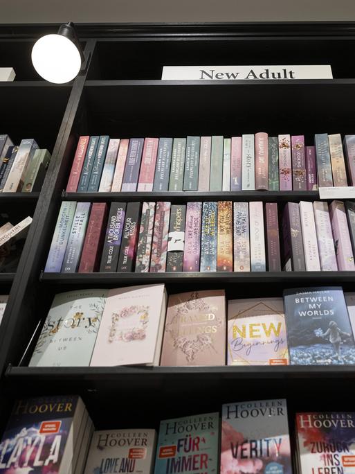 Ein großes Bücherregel mit einem breiten Sortiment an Büchern der Sparte Young Adult beziehungsweise New Adult.