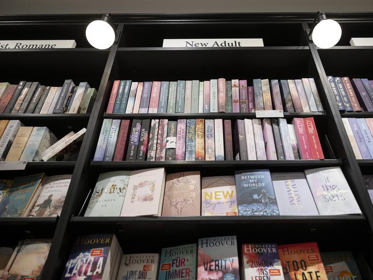 Ein großes Bücherregel mit einem breiten Sortiment an Büchern der Sparte Young Adult beziehungsweise New Adult.