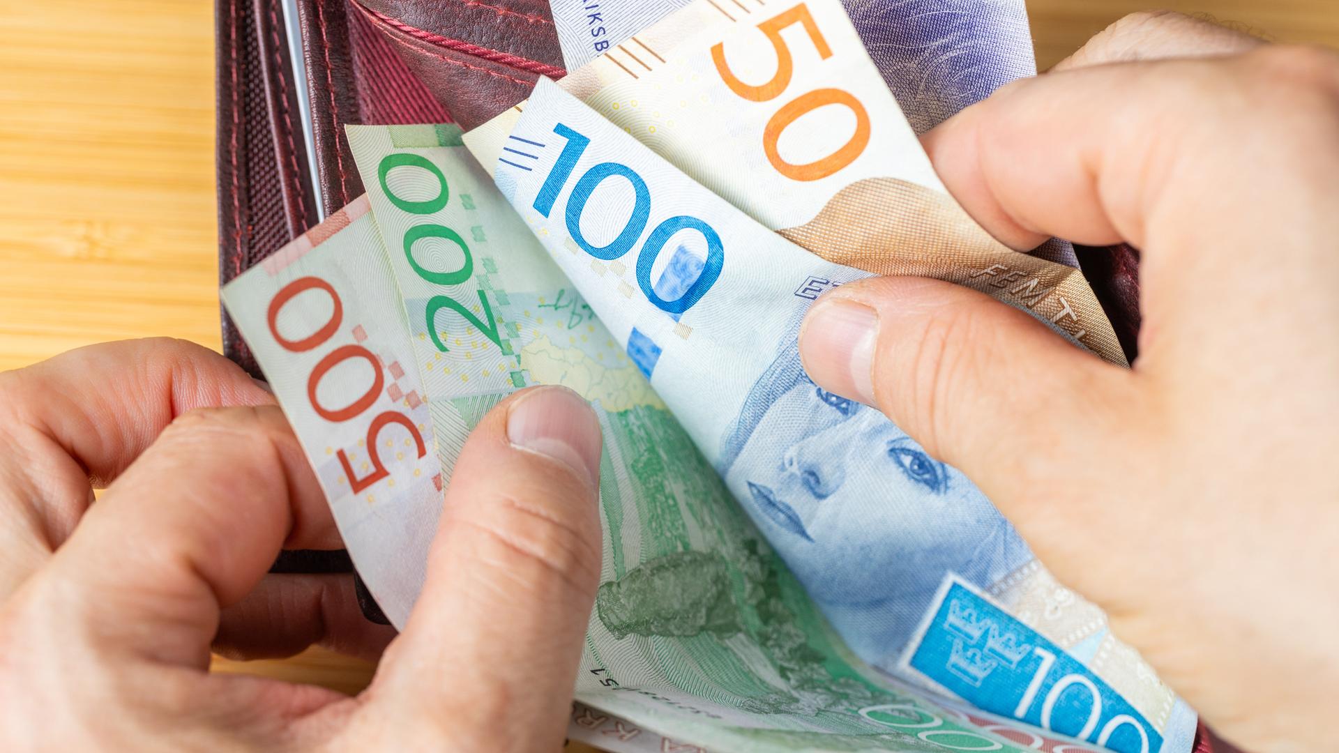Eine Person durchblättert ihr Portemonnaie mit schwedischen Kronen Geldscheinen.