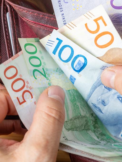 Eine Person durchblättert ihr Portemonnaie mit schwedischen Kronen Geldscheinen. Eine Person durchblättert ihr Portemonnaie mit schwedischen Kronen Geldscheinen.