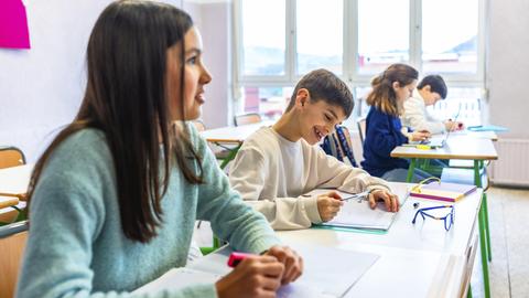 Grundschüler, die während des Unterrichts in ihre Hefte schreiben, Lern- und Bildungskonzept 