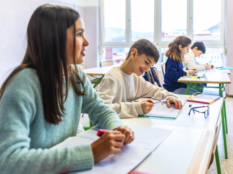 Grundschüler, die während des Unterrichts in ihre Hefte schreiben, Lern- und Bildungskonzept Grundschüler, die während des Unterrichts in ihre Hefte schreiben, Lern- und Bildungskonzept